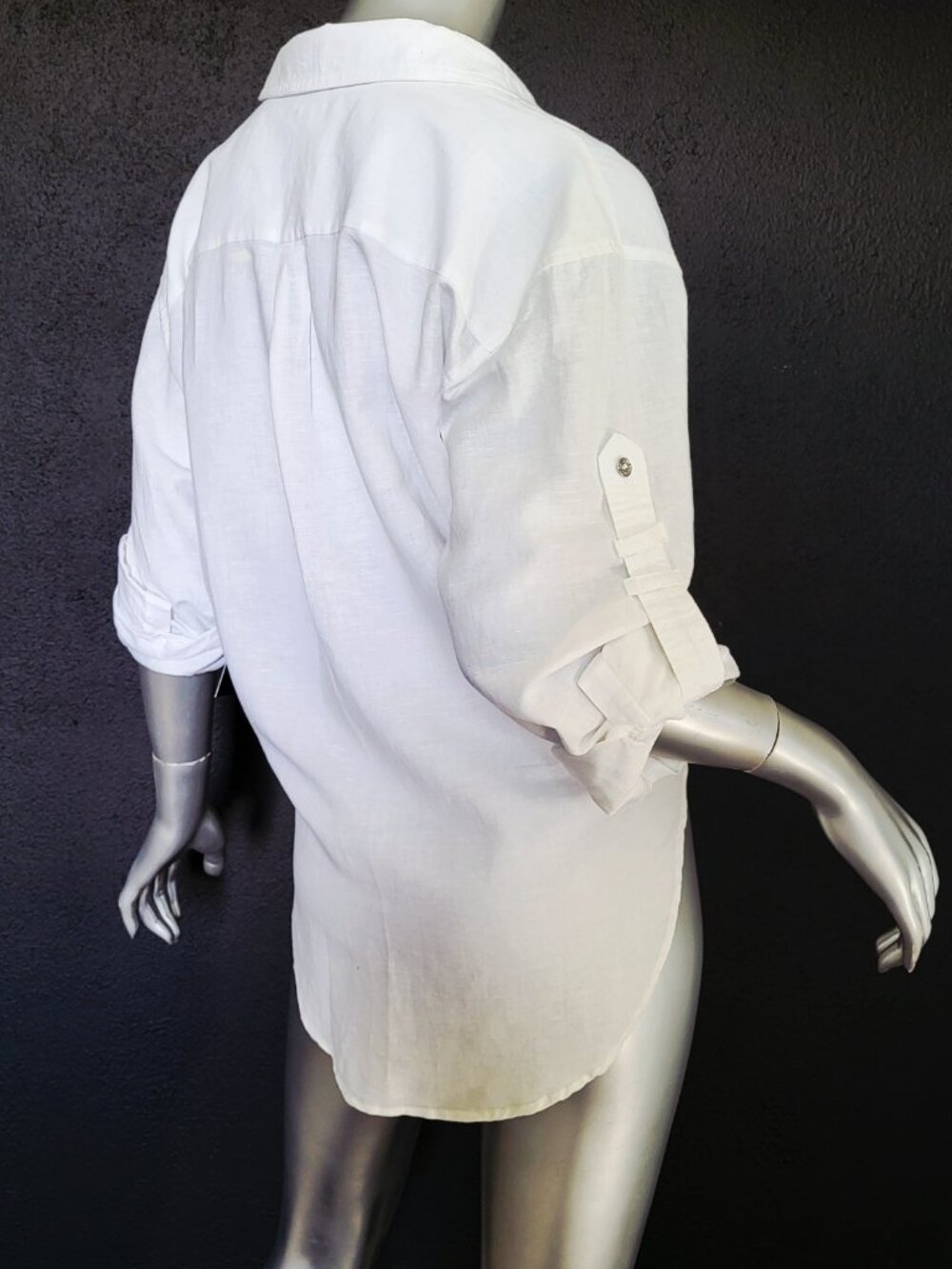 NWT~$90~KARL LAGERFELD~SZ M~WHITE ROLL TAB SLEEVE SHIRT TOP BLOUSE PARIS LOGO - Picture 11 of 16